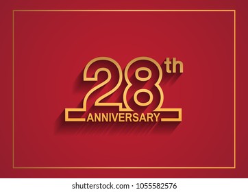 28th anniversary design with simple line style golden color isolated on red background for celebration event