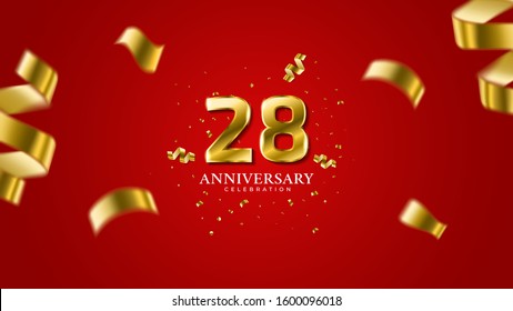 28th anniversary . Gold Numbers with shadow and sparkling confetti. Modern elegant gradient red background design vector EPS 10. For wedding party or company event decoration.