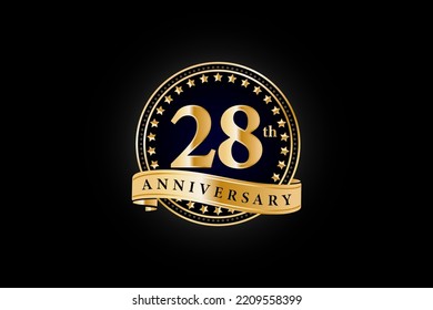 28th anniversary golden gold logo with gold ring and ribbon isolated on black background, vector design for celebration.