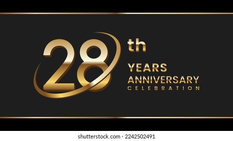 28th anniversary logo design with gold ring. Logo Vector Illustration