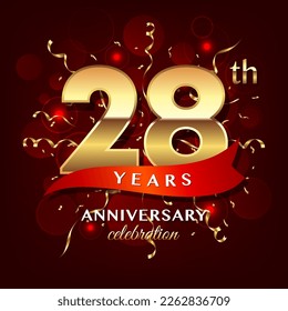 28th Anniversary logo design with golden numbers and red ribbon for anniversary celebration event, invitation, wedding, greeting card, banner, poster, flyer, brochure, book cover. Logo Vector Template