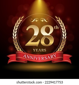 28 Aniversario. Diseño del logo del aniversario con corona Laurel y cinta roja para la celebración del evento, boda, invitación, tarjeta de saludo. Ilustración del vector