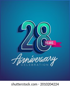 28th Anniversary Logo Design With Ribbon, Elegant Anniversary Logo With Blue Color, Design for banner and invitation card of anniversary celebration.