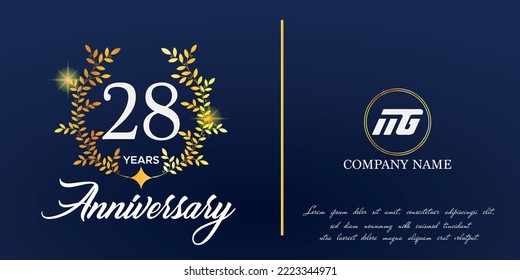 28th anniversary logo with elegant ornament monogram and logo name template on elegant blue background, sparkle, vector design for greeting card.