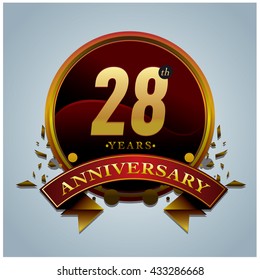 28th anniversary logo with gold circle badge. Anniversary signs illustration. Gold colors anniversary logo with circle ring