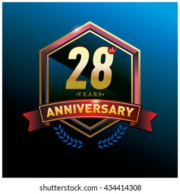 28th anniversary logo with gold ring and red ribbon. Anniversary signs illustration. Gold anniversary logo design and illustration