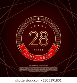 28th anniversary logo with golden laurel wreath and double line numbers, logo design for anniversary celebration event, double line style vector design