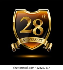28th anniversary logo with golden shield and ribbon. Vector illustration celebration template