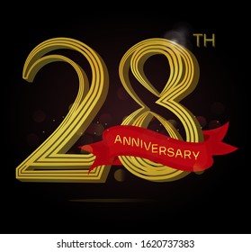 28th anniversary logo with Line motif and red ribbon isolated on elegant black background, vector design for celebration purpose