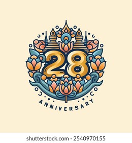 A 28th anniversary logo on a cream and brown pastel background, with a golden '28' surrounded by lotus flowers and Thai stupas. Soft orange, teal, and gold blend to reflect elegance and culture.