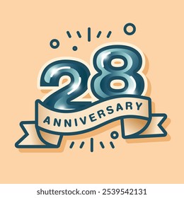 A 28th anniversary logo on a cream-brown pastel background, designed in a flat style. The celebration features the number with a matching tone vector ribbon and simple background design elements.