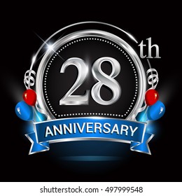28th anniversary logo with silver ring,balloons and blue ribbon. Vector design template elements for your birthday celebration.