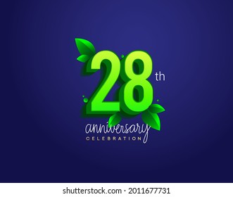 28th anniversary logotype with leaf and green colored, isolated on blue background.