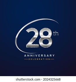 28th anniversary logotype silver color with swoosh or ring, isolated on blue background for anniversary celebration event.