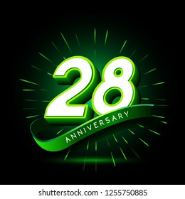 28th anniversary neon text vector design template. green number neon logo, light banner design element colorful design trend, night bright advertising neon text anniversary event party template