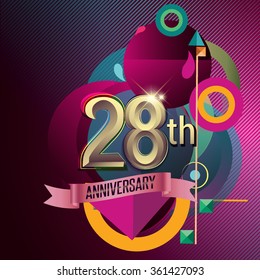 28th Anniversary, Party poster, banner and invitation - background geometric glowing element. Vector Illustration