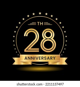 28th Anniversary, Perfect template design for anniversary celebration with gold color for booklet, leaflet, magazine, brochure poster, web, invitation or greeting card. Vector template