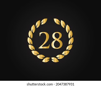 28th Anniversary Ring Logo Template. 28th Years Anniversary Logo With Golden Ring Isolated On Black Background, For Birthday, Anniversary And Company Celebration