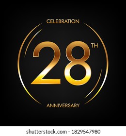 28th anniversary. Twenty-eight years birthday celebration banner in bright golden color. Circular logo with elegant number design.
