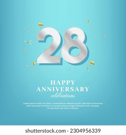 28th anniversary vector template with a golden number and confetti spread on a gradient background