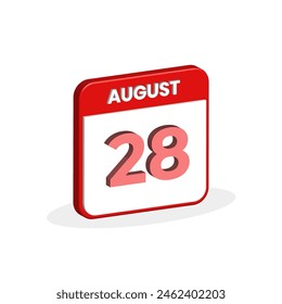 Icono 3D del calendario del 28 de agosto. Calendario 3D 28 de agosto Fecha, Mes icono Vector ilustrador