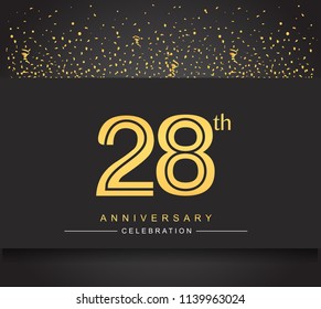 28th golden anniversary celebration logotype with confetti golden color isolated on black background, vector design for greeting card and invitation card