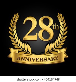 28th golden anniversary logo with ring and ribbon, laurel wreath vector design isolated on black background