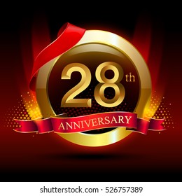 28th golden anniversary logo with ring and red ribbon. Vector design template elements for your birthday celebration.