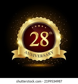 28th golden anniversary logo, with shiny ring and golg ribbon, isolated on black background, vector design