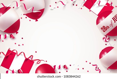 28th of July. Peru independence day celebration background with balloons, flag and confetti. Festive border flat lay. Vector illustration