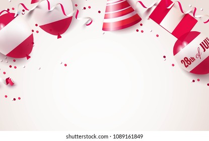 28th of July. Peru independence day celebration background with balloons, flag and confetti. Festive border flat lay. Vector illustration