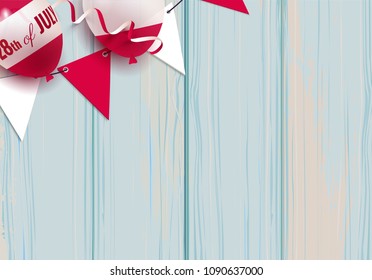 28th of July. Peru independence day celebration background with balloons and bunting flags on wooden background. Vector illustration