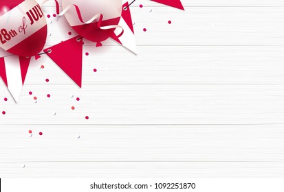 28th of July. Peru independence day celebration background with balloons, bunting flags and confetti. Festive border flat lay. Vector illustration