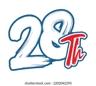 28th Ordinal Number counting vector art illustration with stunning font on red trim blue on white background