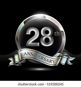 28th silver anniversary logo, vector celebration design with ring and ribbon.