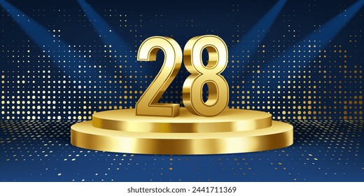 Fondo de la celebración del 28º aniversario. Números 3D dorados en un podio redondo dorado, con luces de fondo.