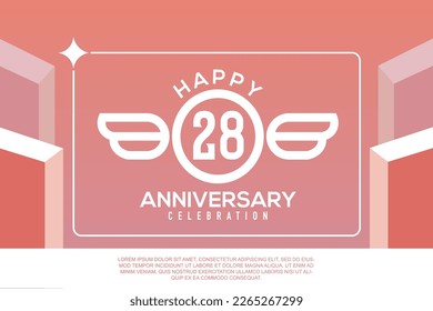 28th year anniversary design letter with wing sign concept template design on pink background abstract illustration