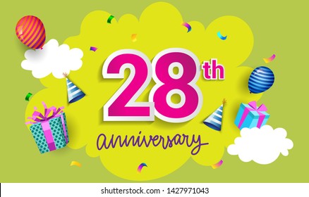 28th Years Anniversary Celebration Design, with gift box and balloons, ribbon, Colorful Vector template elements for your birthday celebrating party.