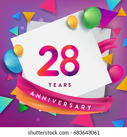 28th Years Anniversary Celebration Design, balloons and ribbon, Colorful design elements for banner, invitation, greeting card your twenty eight birthday celebration party.