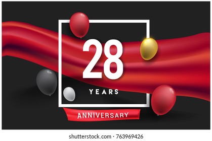 28th years Anniversary celebration logo, isolated on red ribbon and balloon, vector elements for banner, invitation card and birthday party.