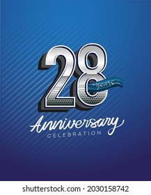 28th years anniversary celebration logotype with silver color and blue ribbon isolated on blue background