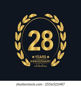 28th Years Anniversary celebration. Vector Template festive illustration Golden Color,. Birthday or wedding party event decoration.