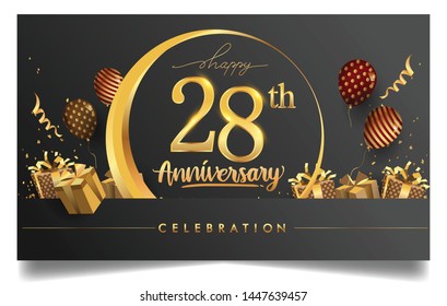 28th years anniversary design for greeting cards and invitation, with balloon, confetti and gift box, elegant design with gold and dark color, design template for birthday celebration.