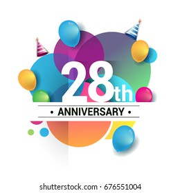 28th years anniversary logo, vector design birthday celebration with colorful geometric, Circles and balloons isolated on white background.