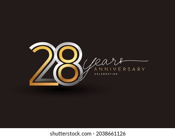 28th years anniversary logotype with multiple line silver and golden color isolated on black background for celebration event.