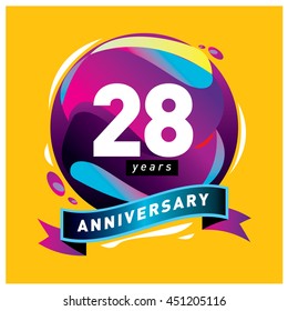 28th years greeting card anniversary with colorful number and frame. logo and icon with circle badge and background