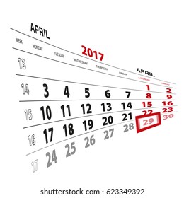 29 April highlighted on calendar 2017. Week starts from Monday. Vector Illustration.