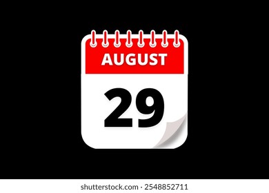 29 de agosto Diseño web mensual de la página de texto del ícono del calendario en el Vector, el ícono, o la ilustración del fondo rojo, blanco y negro con el mes del 29 de agosto