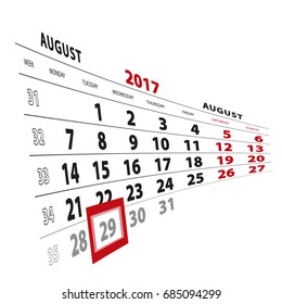 29 August highlighted on calendar 2017. Week starts from Monday. Vector Illustration.