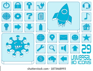 29 Blue 3D Universal Vector Icons Set For Web: Bulb, Connection, Technical Support, Geo Location, Home, Virus, Cloud Service, Repair, Key, Lock, Mail And Etc. Vector Illustration. Editable Strokes.